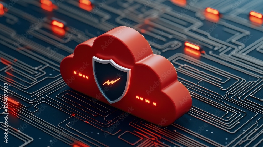Poster cloud security concept with shield and circuit board background
