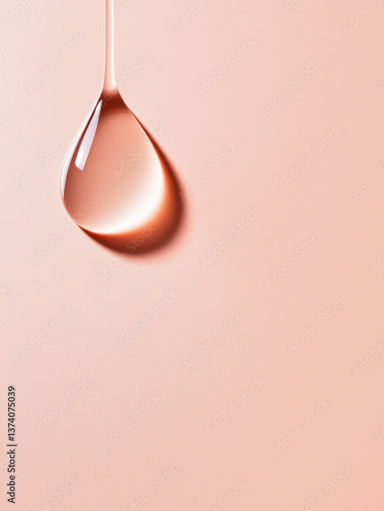 Poster close-up of a single drop of liquid on a light pink background. the drop is in the center of the ima