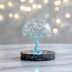 Abstract digital art of a glowing blue tree on a dark marble base, bokeh lights in the background.