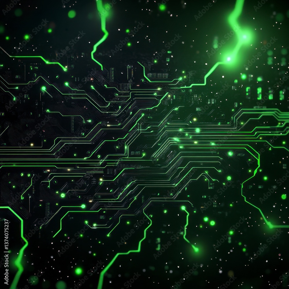 Aufkleber abstract digital artwork featuring glowing green circuit lines and nodes on a dark background, creat