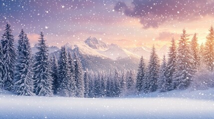 A breathtaking winter landscape featuring a vast, untouched snow-covered field. Snowflakes gently fall from the sky, creating a peaceful and magical atmosphere. 