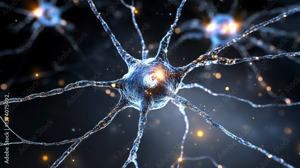 Poster microscopic view of a neuron with glowing synapses and a dark background. detailed digital illustrat