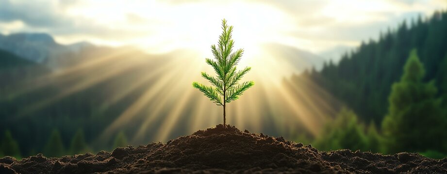 hand holdig big tree growing A young tree grows from rich soil, basking in sunlight, symbolizing hope, renewal, and the beauty of nature's resilience.