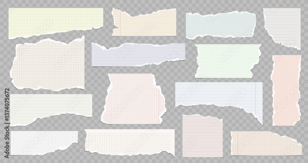 Poster collection of torn lined and squared paper strips. ripped paper scraps with rough edges. vector illu