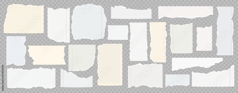 Poster collection of torn lined and squared paper strips. ripped paper scraps with rough edges. vector illu