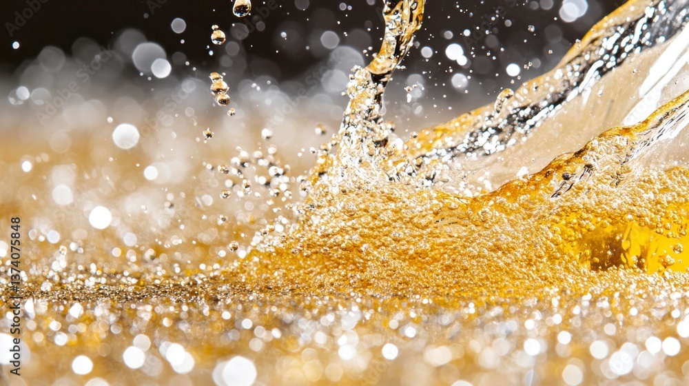 Poster abstract image of golden liquid splashing, creating dynamic texture and bokeh effect. light reflects