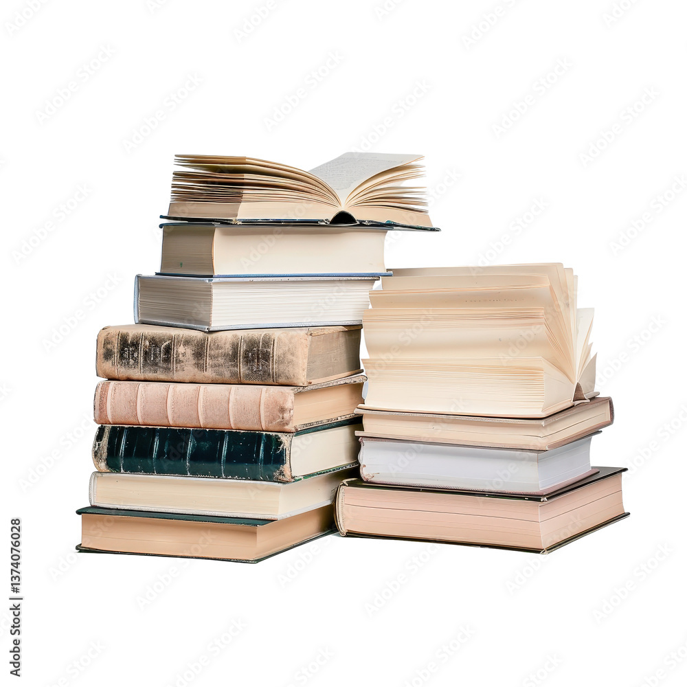 Poster stack of various books with open and closed covers on white background for education and reading