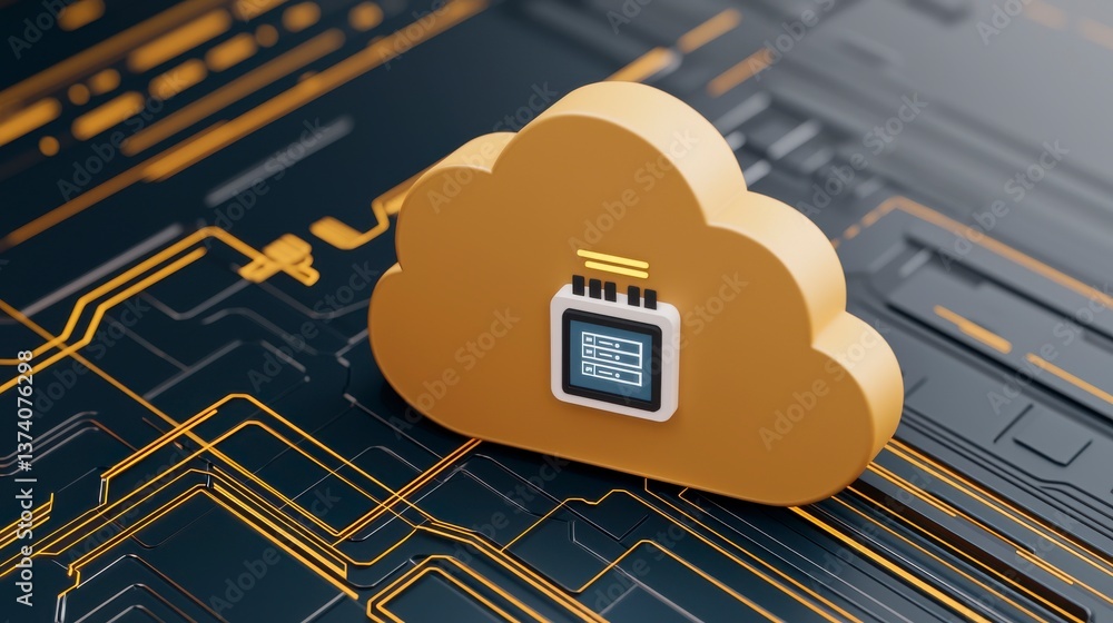Poster dimensional cloud storage icon on abstract digital circuit background