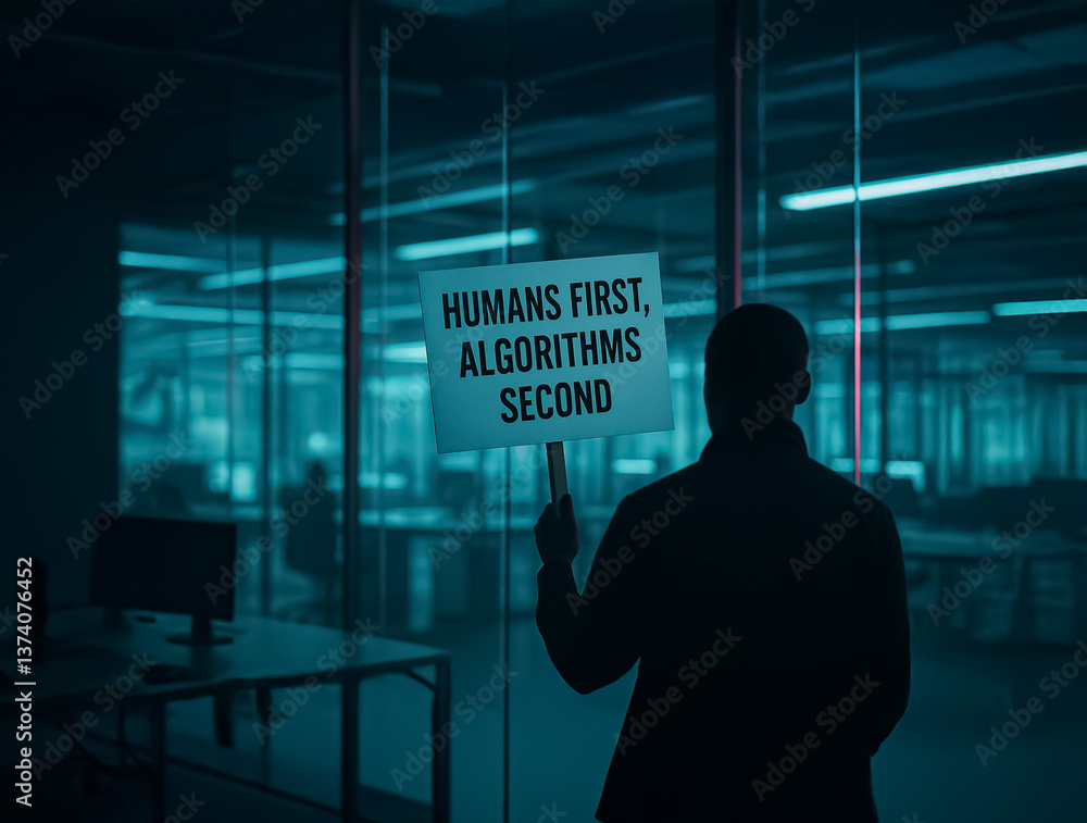 Poster in a sleek modern workspace, a man stands with a sign advocating for human precedence over algorithm