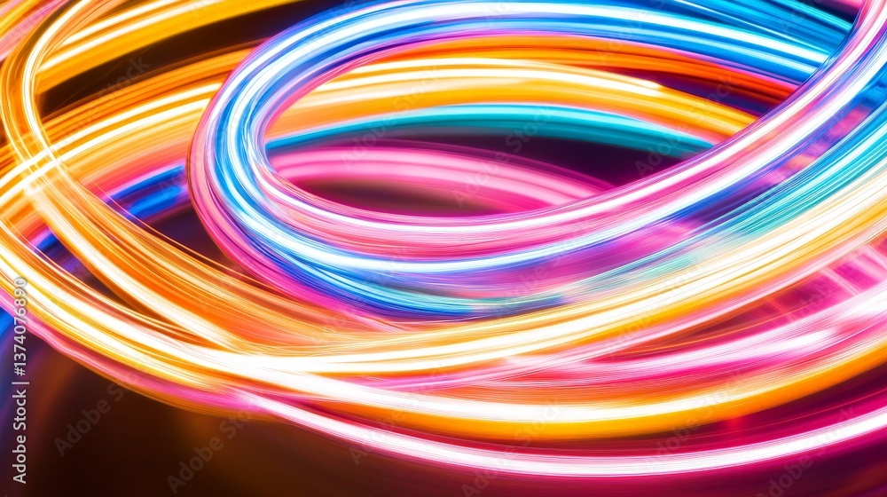 Aufkleber vibrant swirling neon light trails on black background creating abstract motion in long exposure con