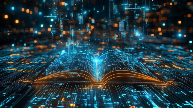 Glowing polygonal lines against a dark background illustrate futuristic digital technology in an open book
