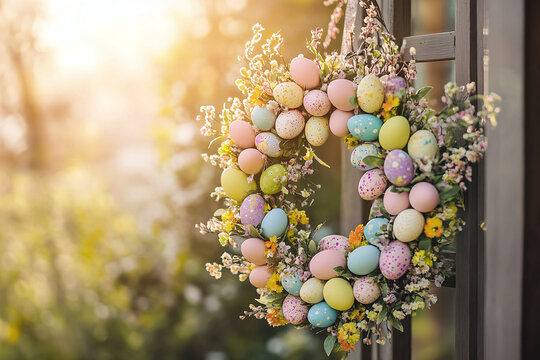 Easter wreath of pastel eggs and flowers on gate, soft sunlight enhances festive and colorful spring celebration decoration