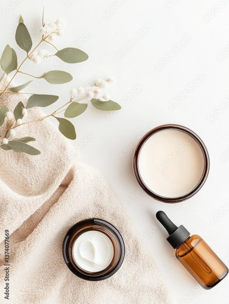 Poster flat lay of a white background with a beige towel on the left side. on the right side, there is a sm