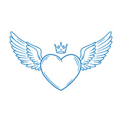 Hand-drawn illustration of a heart with wings and a crown in minimal blue line art on a white background