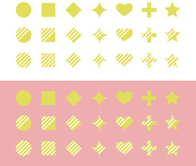 シンプル記号×ストライプのアイコンイラスト（丸・四角・ダイヤ・キラキラ・ハート・星・クロス）