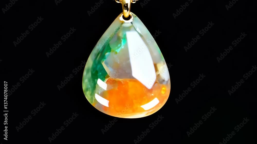 Poster a colorful gemstone pendant with a gold chain. the pendant is shaped like a teardrop and has a gold 