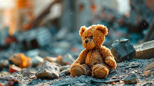 A worn teddy bear is placed alone on a pile of debris, surrounded by shattered concrete and ruins, highlighting the aftermath of a recent catastrophe in a heavily damaged area