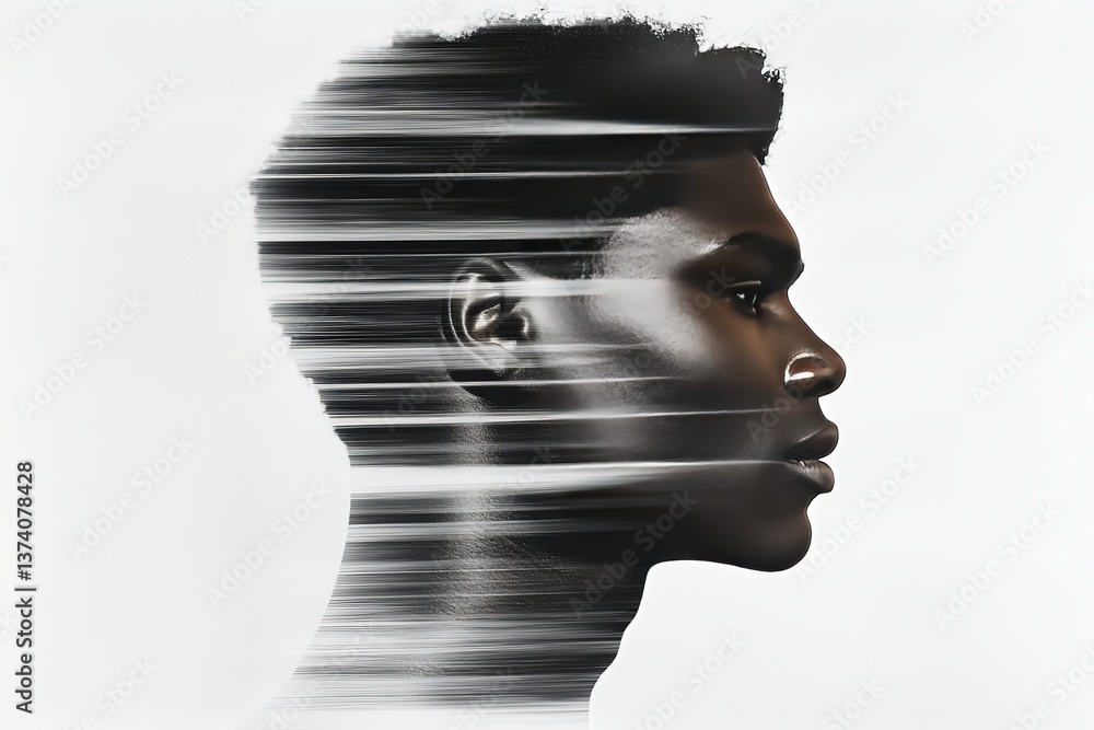Poster male head composed of stacked horizontal digital lines creating fragmented tech profile in grayscale