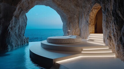 Obraz premium Luxury Vacation Resort Featuring Futuristic Design and Shifting Holographic Elements with an Avant-Garde Twist