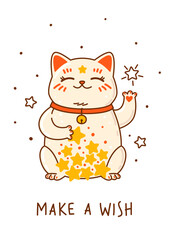 Obraz premium Cute сartoon maneki neko with stars isolated on white background - funny asian character for Your kawaii design