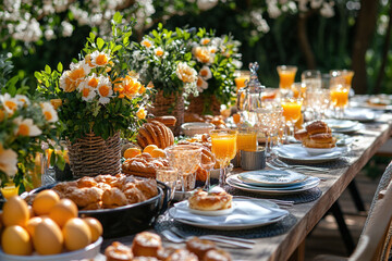 Outdoor Easter brunch table with pastries, dyed eggs and mimosas, blooming trees and spring decor create festive celebration