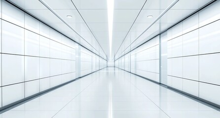 A modern, futuristic corridor with dazzling lights and a sparse, elegant design, superbly suited for symbolizing human advancement, scientific breakthroughs, or creative innovation