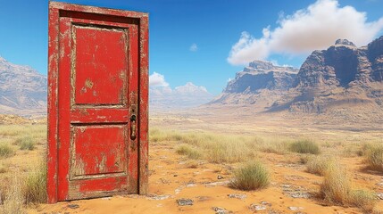 Rusty Red Door Opens to Desert Mountains