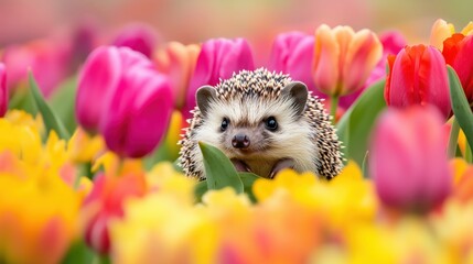 The hedgehog scurries through the bright tulips, creating a whimsical scene filled with colorful flowers and ample space for creative messaging. 