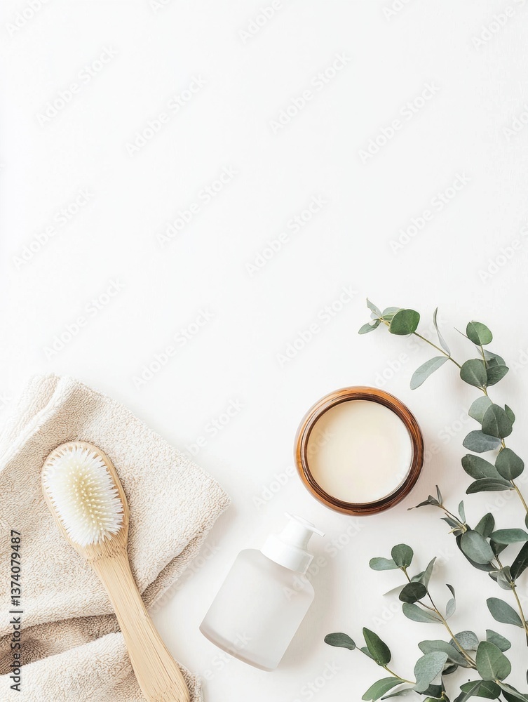 Poster flat lay of a white background with a few items arranged on it. on the left side of the image, there