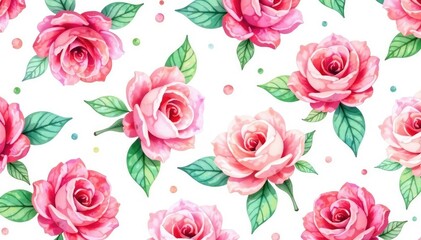 Delicate watercolor roses & leaves, repeating pattern , floral background, romantic