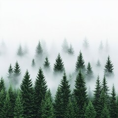 Obraz premium Misty mountain forest scene with lush green pine trees partially obscured by a thick fog. Soft light, aerial perspective.