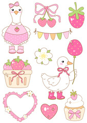 Set of illustrations of Strawberry cute coquette goose in different poses and emotions