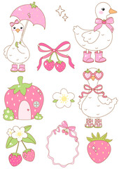 Strawberry summer goose clipart Silly goose clipart Groovy pastel summer Spring goose Coquette strawberry flower Summer gift 