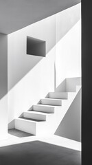 Fototapeta premium Stairway to Light: A minimalist architectural image features a modern staircase bathed in dramatic light and shadow, with clean lines and geometric precision creating a sense of order and ascent.