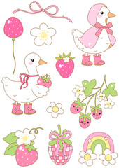 Retro Groovy pastel Spring silly goose strawberry flower vector sublimation