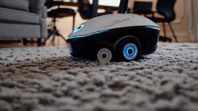 Small mobile robot with glowing eyes on a carpet. Home interior with furniture in background. Concept of smart home technology and personal assistant robots.