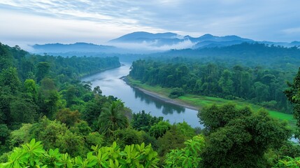 Lush foliage and crystal clear waters create a serene natural scene, with open space for environmental awareness or text overlays.