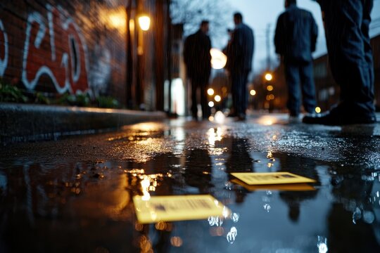 An atmospheric scene of a rainy alley features yellow notes lying on the ground, reflecting the shimmer of lights and adding mystery to the environment.