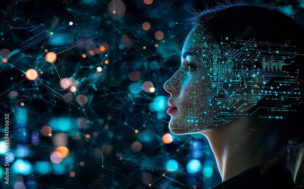 Poster in a scene depicting a woman working with a virtual computer and a girl browsing the metaverse on a 