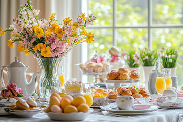 Spring brunch indoors with eggs, pastries and blossoms, elegant table decor highlights joyful Easter meal