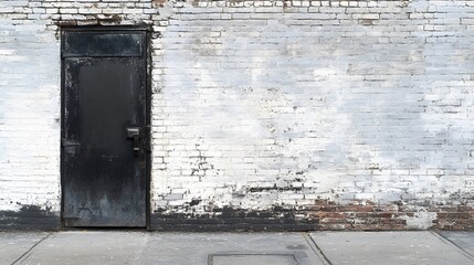 Vintage Weathered White Brick Wall with a Black Metal Door Professional Background Image