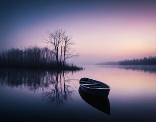 Dark Moody Lake at Dusk with an Empty Boat – Cinematic Solitude