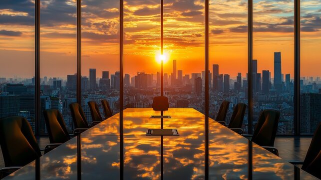 A peaceful executive office featuring a panoramic city view through oversized windows, where a minimalist design and organized layout foster a professional atmosphere that encourages visionary