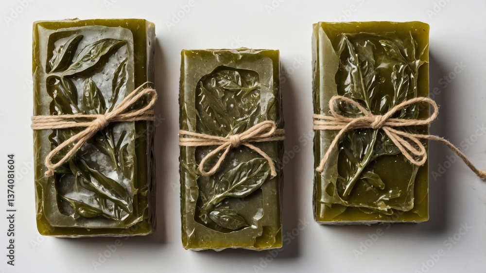 Poster natural herbal soap bars with leaf patterns wrapped in twine displayed on a clean surface during day