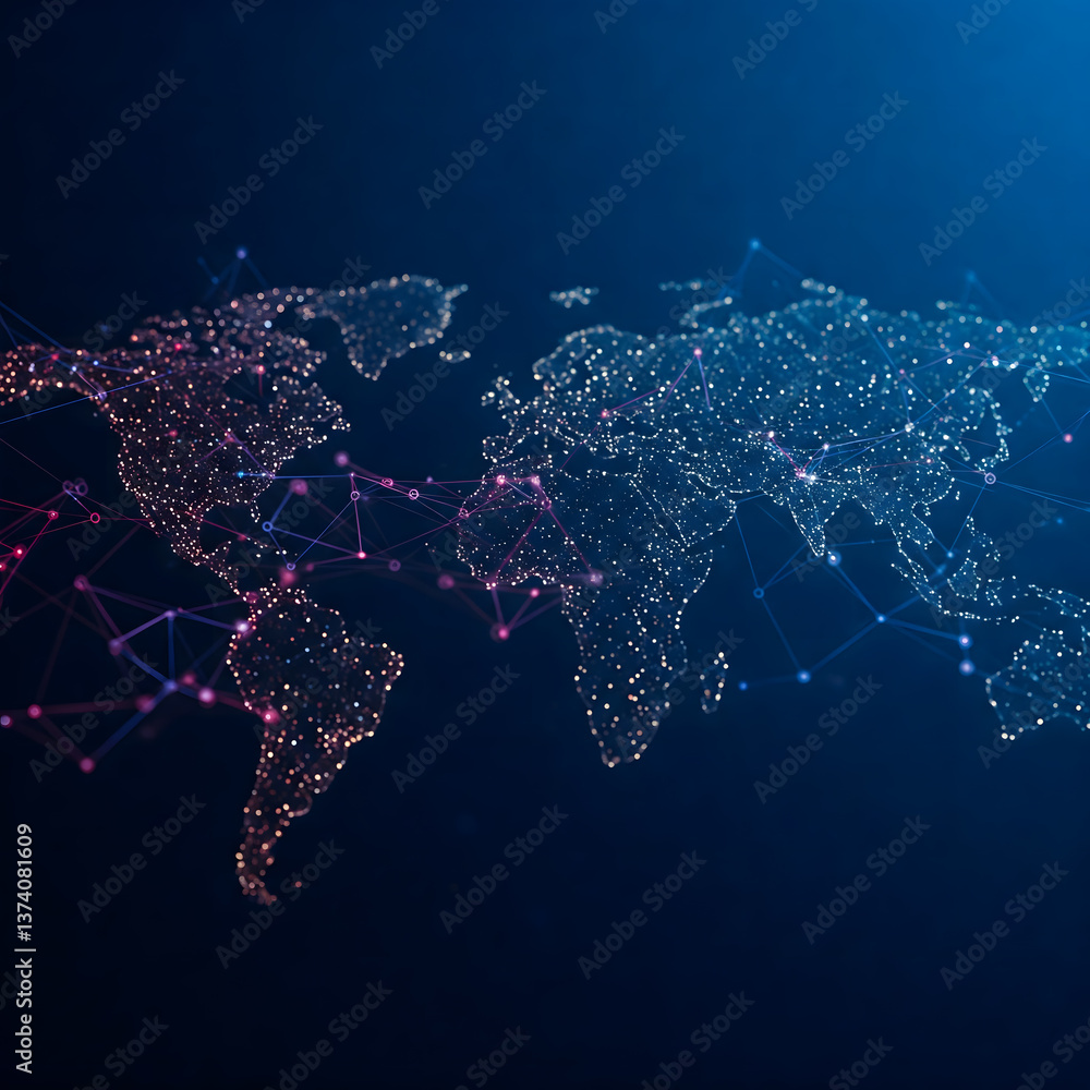 Wall mural global network connection concept. abstract world map visualization formed by glowing plexus network
