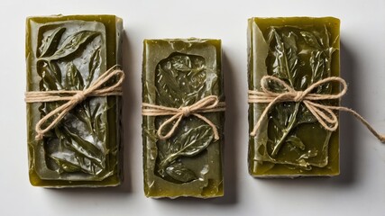 Fototapeta premium Natural herbal soap bars with leaf patterns wrapped in twine displayed on a clean surface during daylight hours