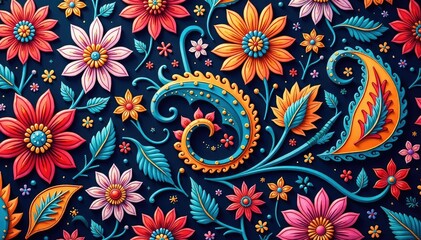 Intricate paisley floral pattern in vibrant hues, colors, summer
