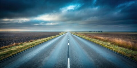 Fototapeta premium Asphalt road stretching to the horizon under a dramatic sky, showcasing a sense of journey and exploration
