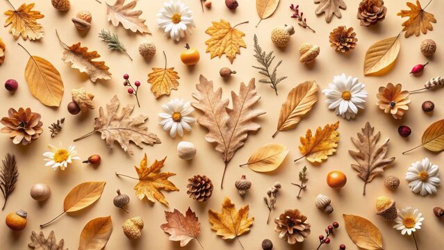 Autumnal arrangement of dried flowers, leaves, and natural elements on a beige background