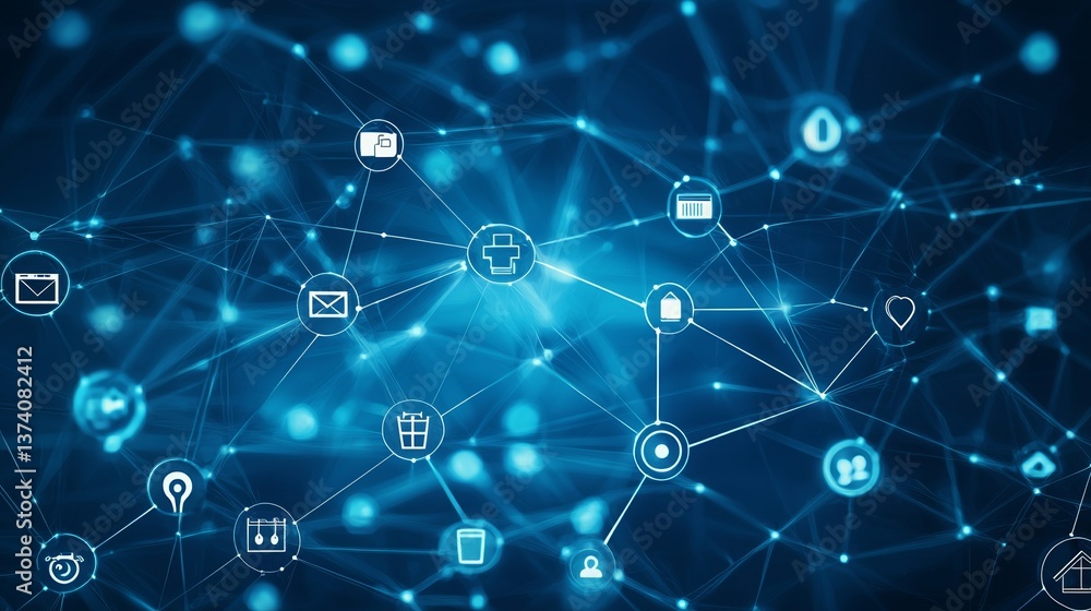 Poster a futuristic interface comprising a global network of digital connections and iot devices